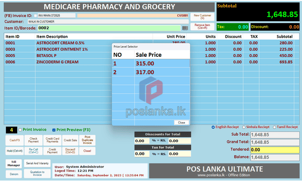 Item Price Level Selector